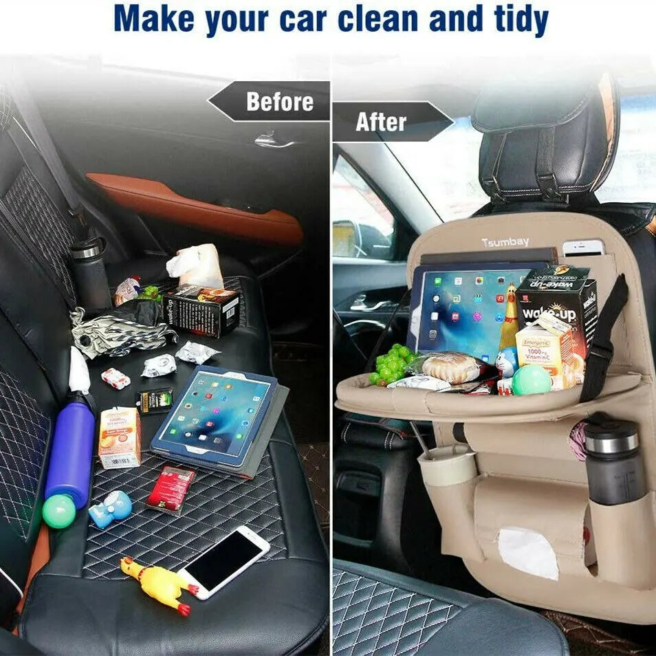 LuxuryDrive™ Premium Leather Backseat Organizer with Foldable Tray