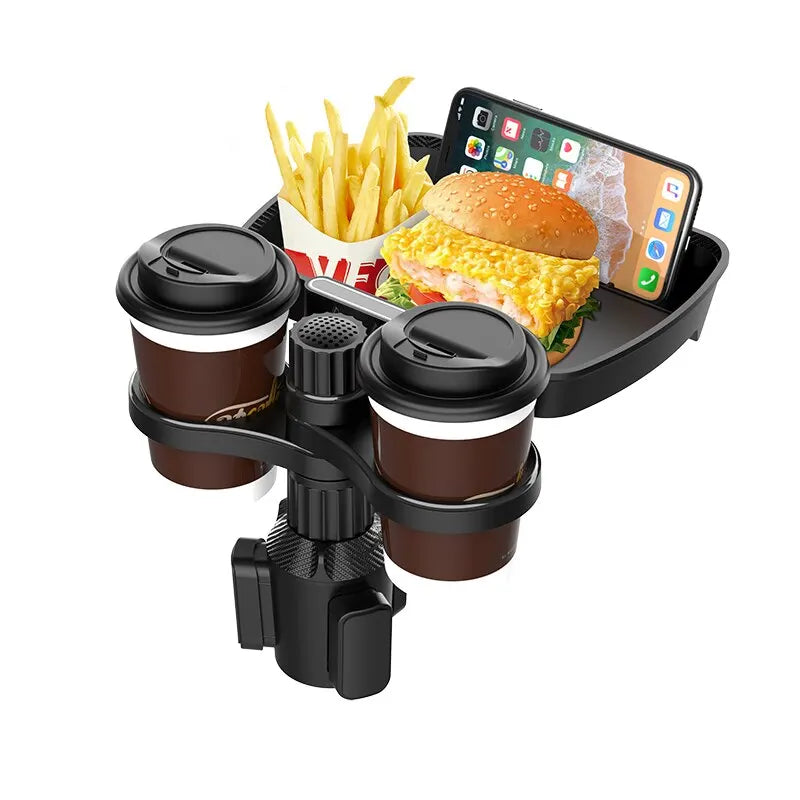 Adjustable Dual Cup Holder Tray with 360° Rotating Base for Cars