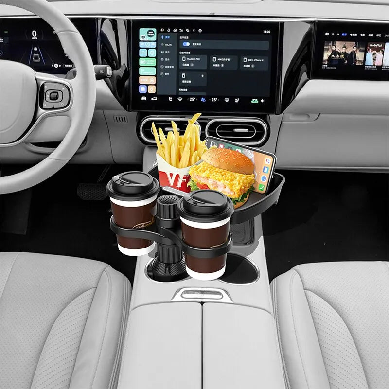 Adjustable Dual Cup Holder Tray with 360° Rotating Base for Cars