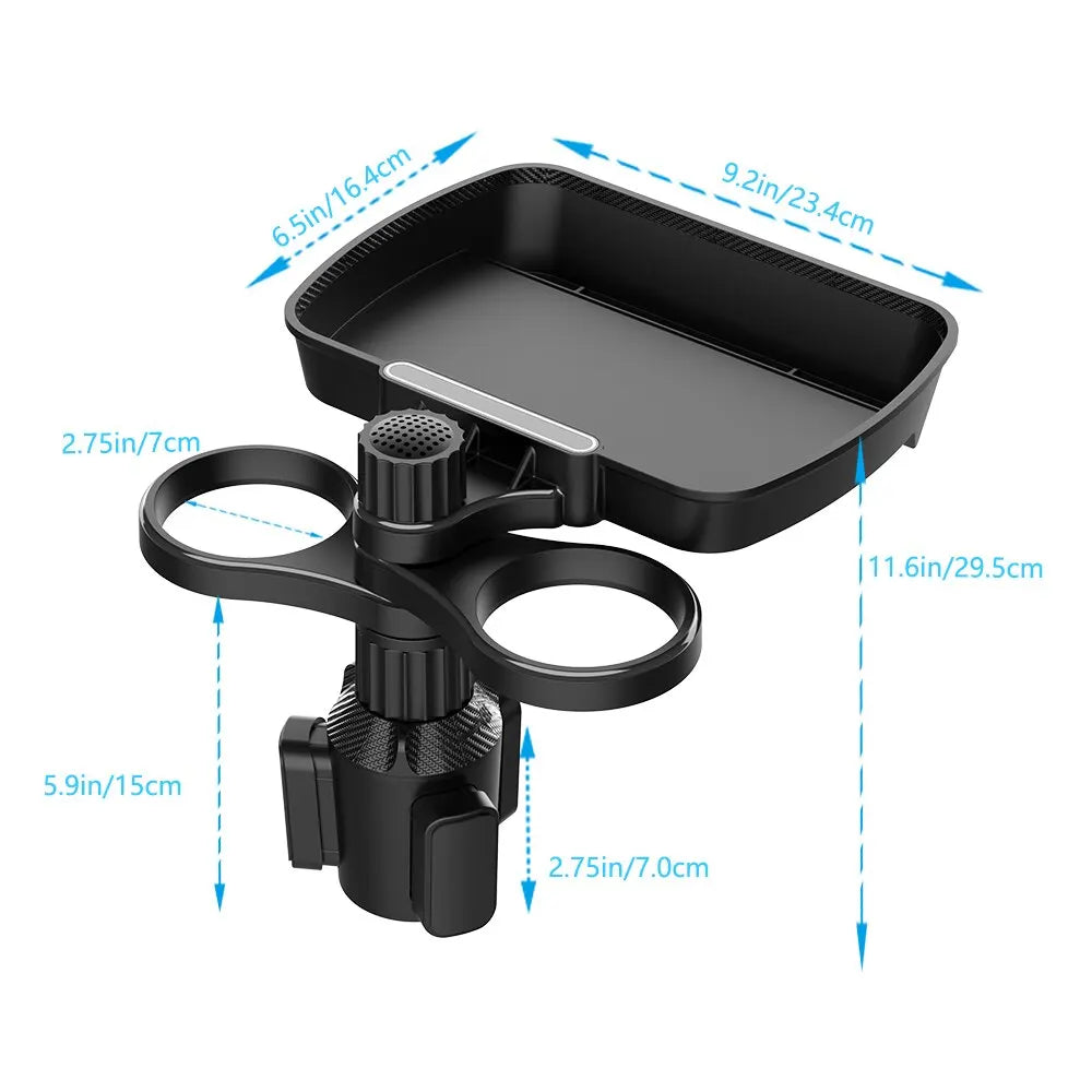 Adjustable Dual Cup Holder Tray with 360° Rotating Base for Cars