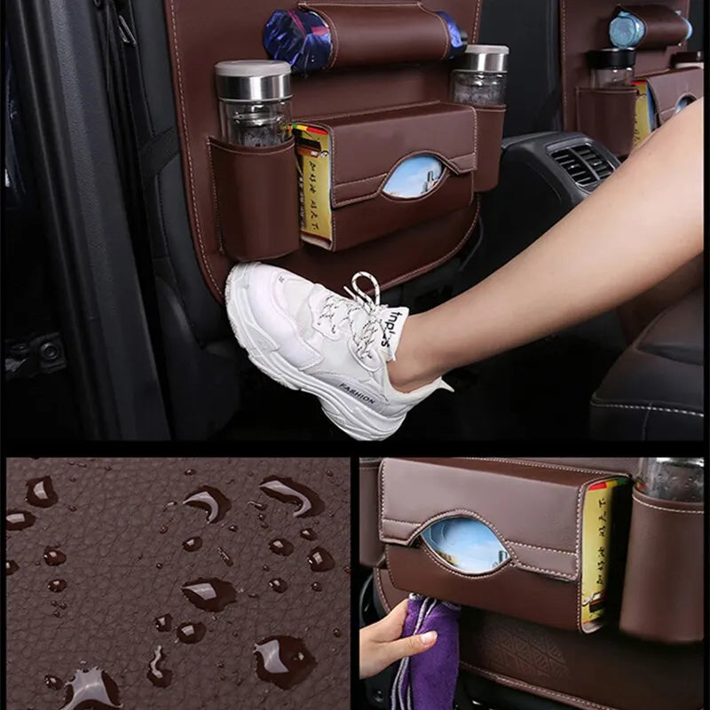 LuxuryDrive™ Premium Leather Backseat Organizer with Foldable Tray